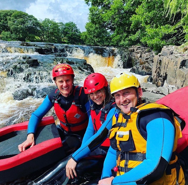 Helen Skelton and Dan Walker Hydrospeeding with Lee Simpson on the River Tees