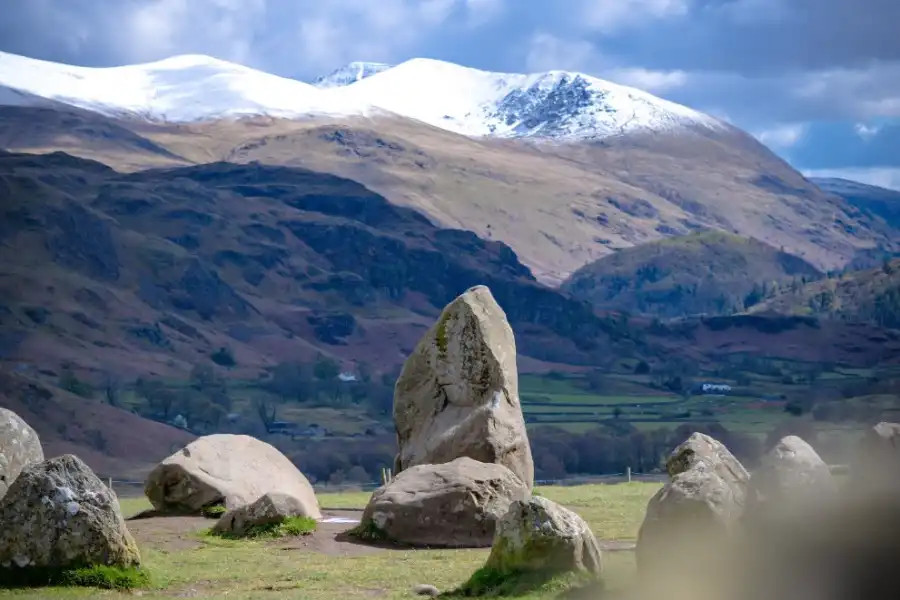 Castlerigg Stone Circle with snowy mountains in the background