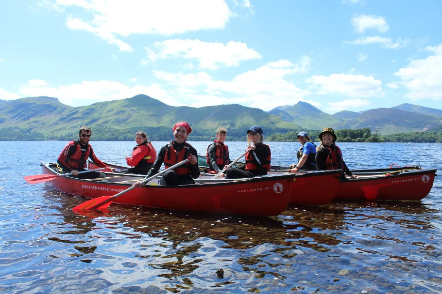 Group of people in canoes on Derwentwater