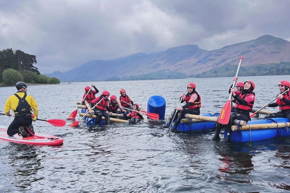 Group of women on DIY rafts on Derwentwater